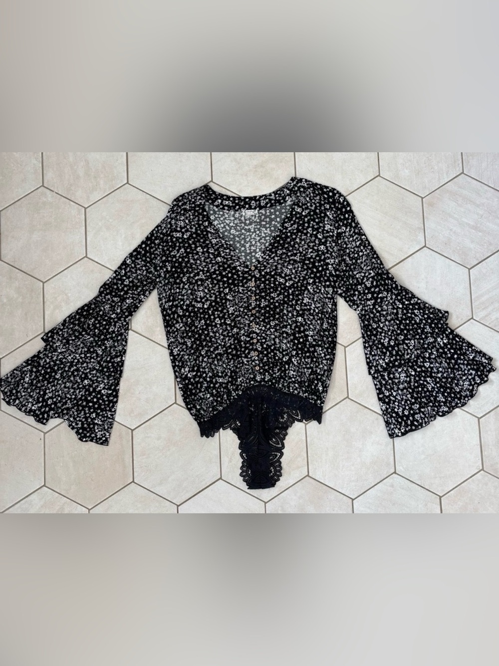 Free People Black and White Floral Bodysuit